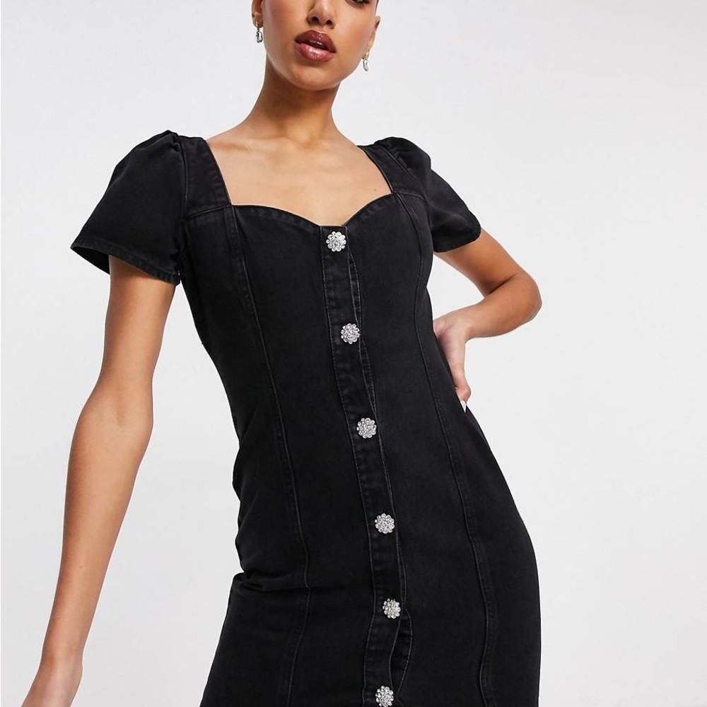 ASOS Denim Crystal Button Short Sleeve Mini Dress Washed Black Size 4 FLAW